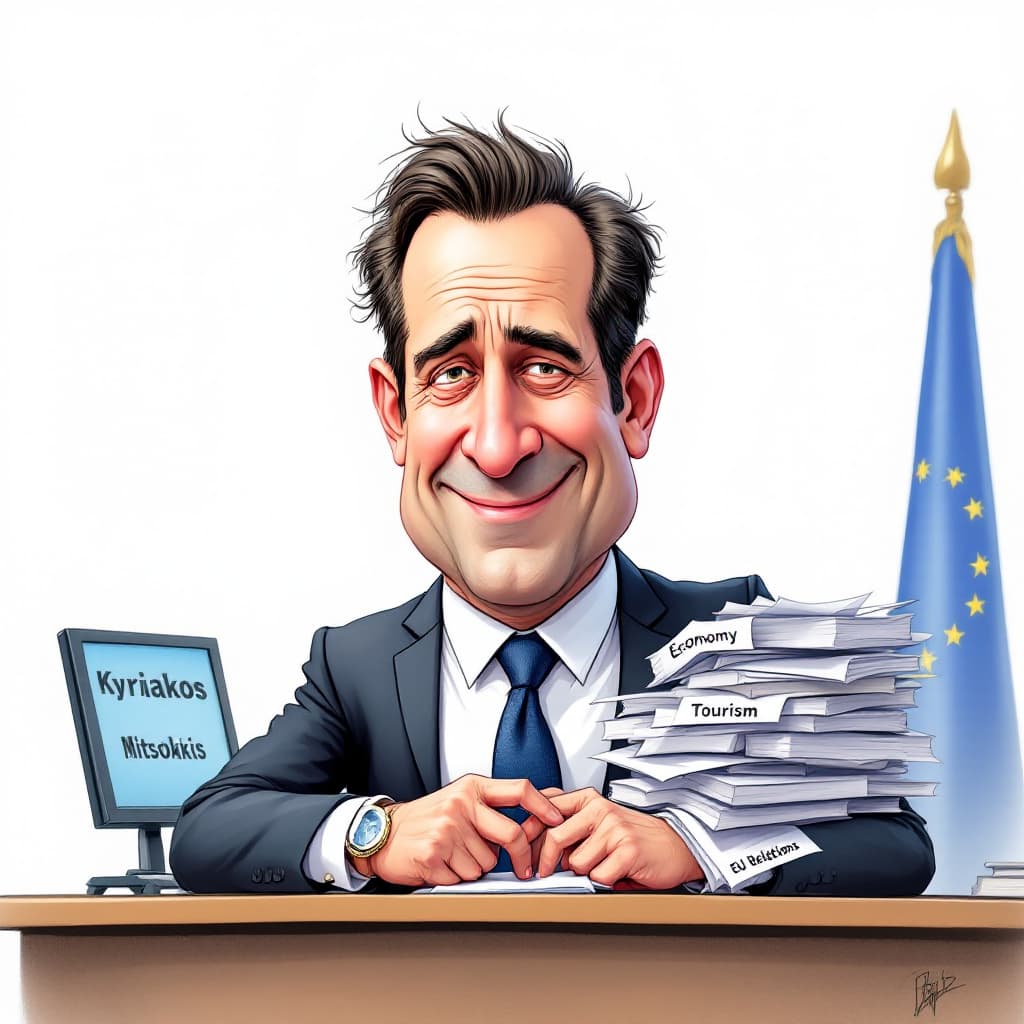 AI generated: A satirical caricature of Kyriakos Mitsotakis, the Greek Prime Minister, with an oversized head and ...