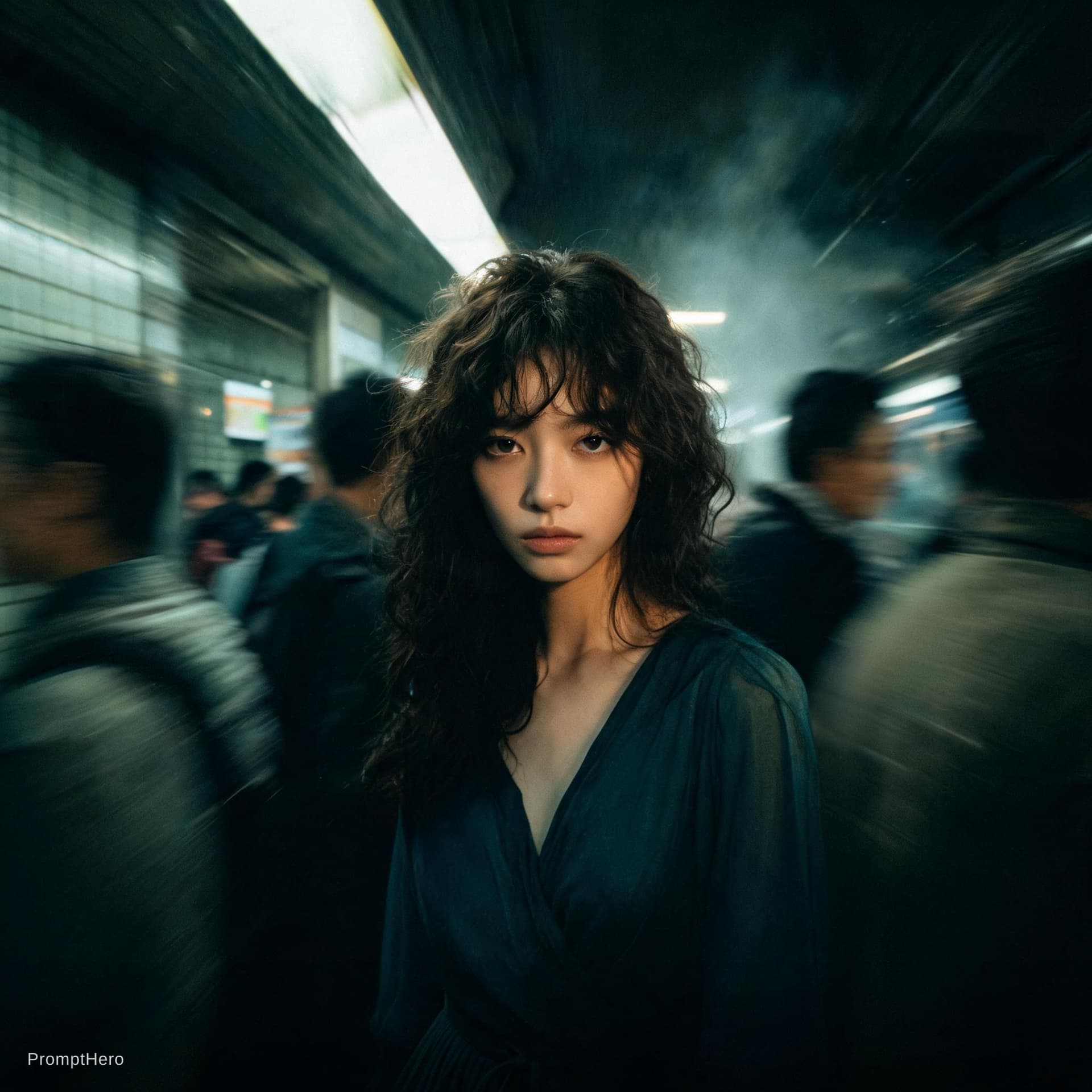 AI generated: Cinematic editorial portrait of a young women in her early twenties standing motionless at the
cente...
