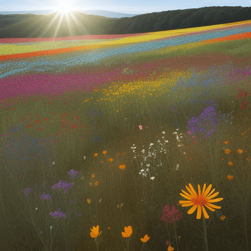 AI generated: a field of wildflowers, vivid colors, glow in sunlight, unique flowers, different sizes and colors, ...