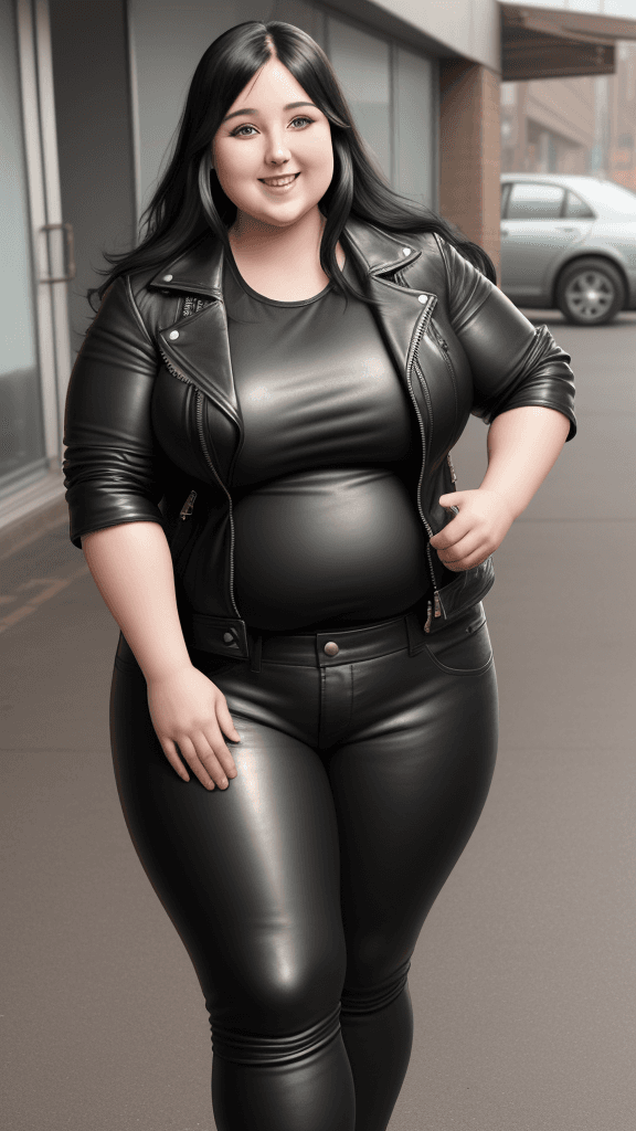 AI generated: 30 year old chubby woman, biceps, long black hair, smiling, wears leather jacket, wears leather pant...