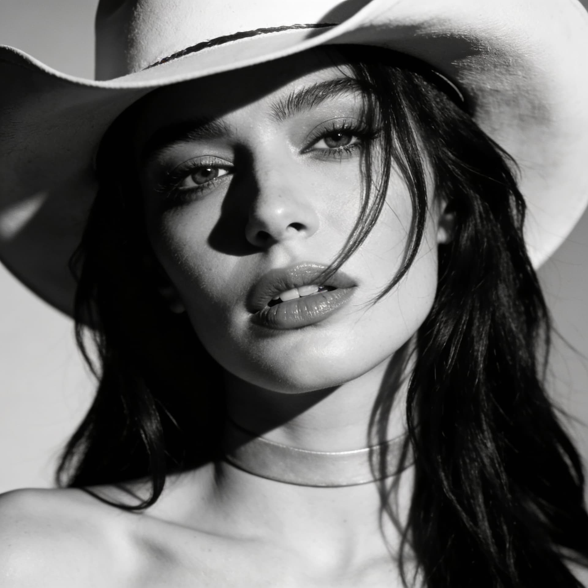 AI generated: A striking, high-contrast black and white portrait of a woman, shot in a studio setting. She is wear...