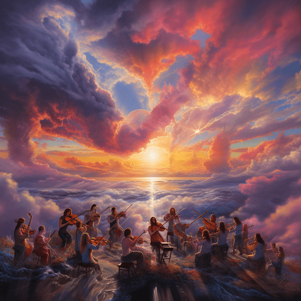 AI generated: Ethereal beings playing celestial instruments on clouds, their melody resonating through the vibrant...