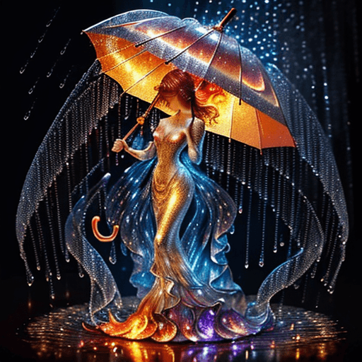 AI generated: An enchanting figure made of enchanted flames stands holding a magnificent umbrella made of cascadin...
