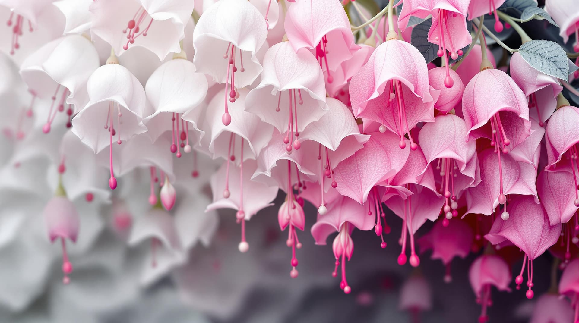 AI generated:  abstract 3d fushia species flowers drooping downward in a natural hanging down position, multi laye...