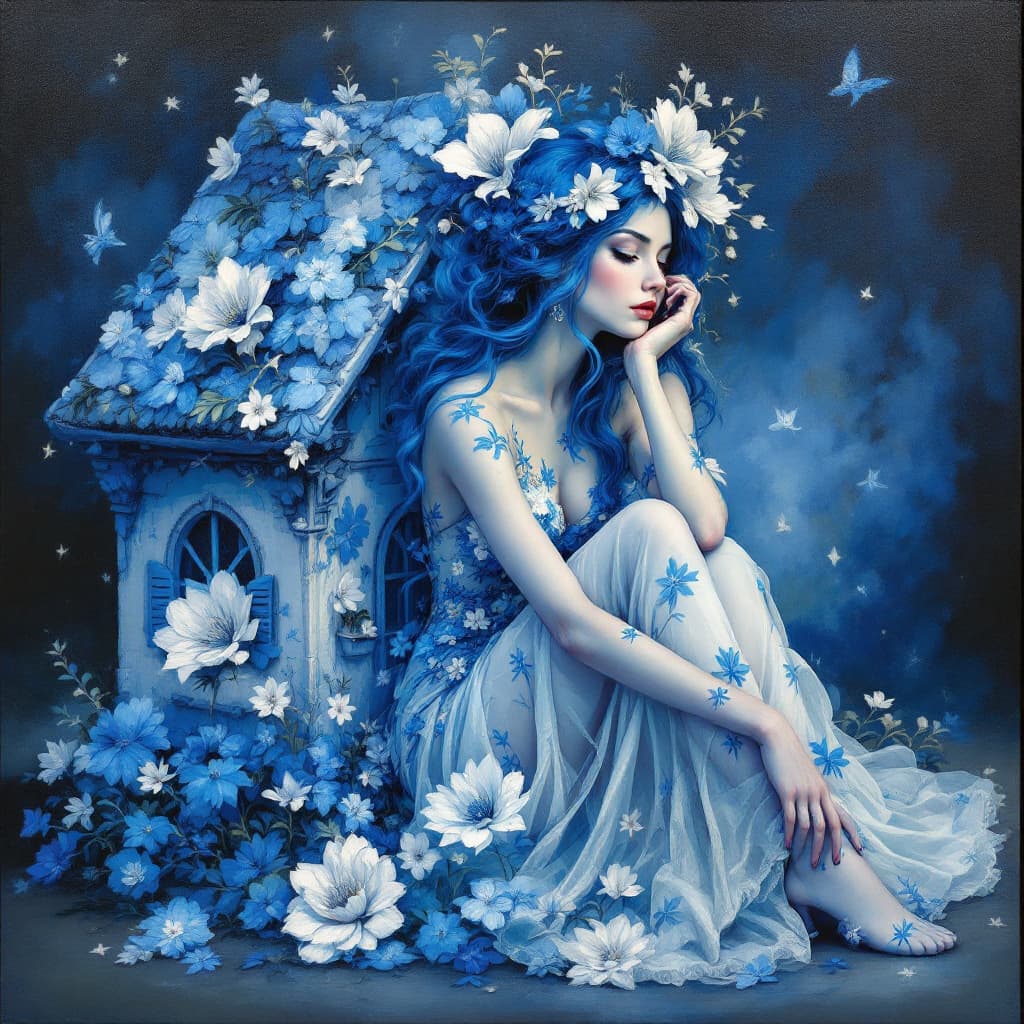AI generated: Pintura artística a oleo de uma figura feminina sentada sobre uma pequena casa de estilo gótico, cob...