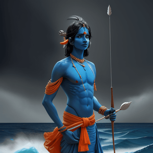 AI generated: Front angle shot of Hindu Lord Rama from front side, looking into the camera with open eyes, hands c...