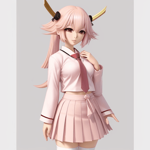 AI generated: Yae miko, light pink hair, Tie, skirt, japanese school uniform 