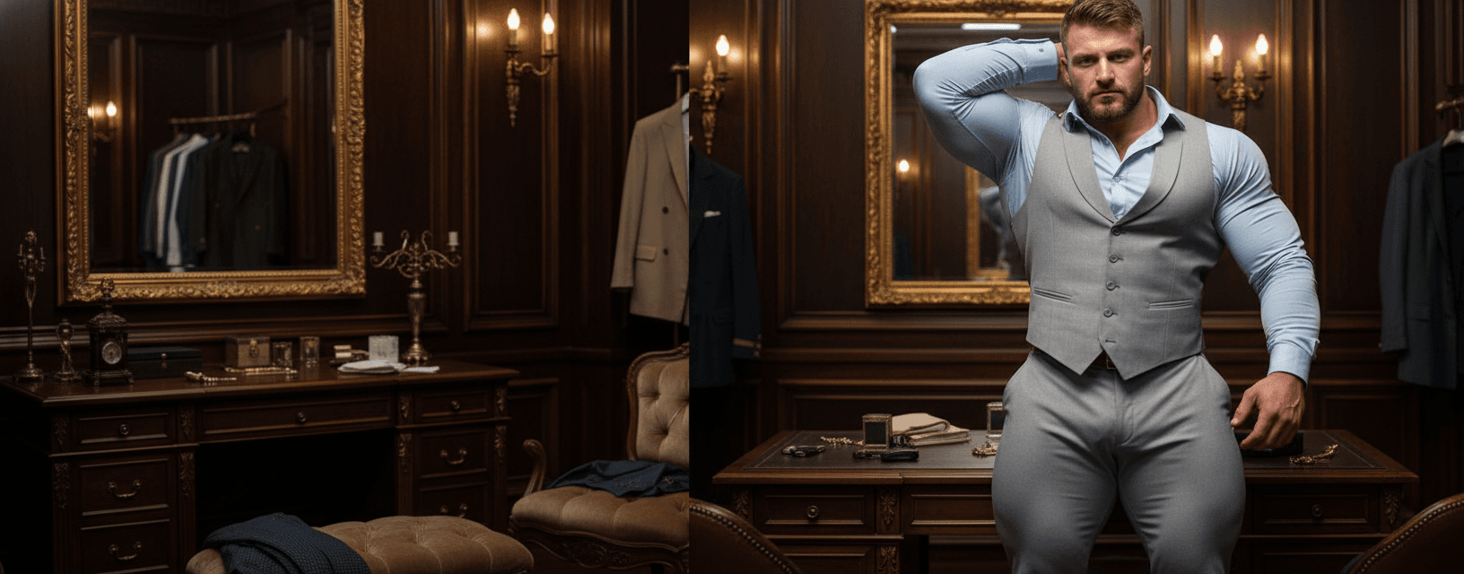 AI generated: The bodybuilder is 6'4" tall, he has huge muscular shoulders and super extra huge muscular legs. He ...