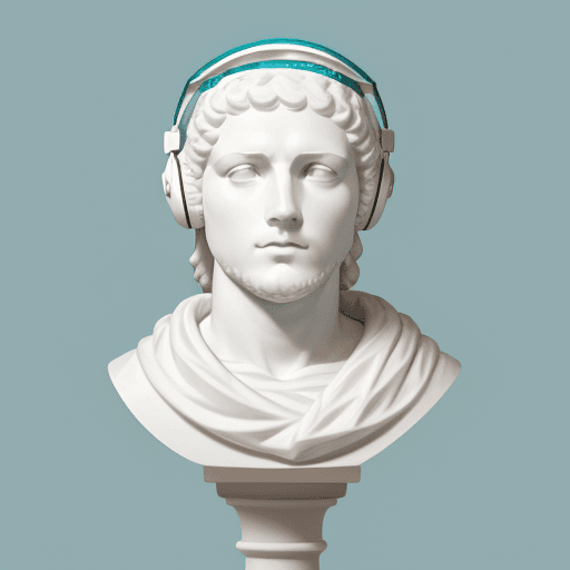 AI generated: Plaster head of David, white Marshall headphones, on Doric order, turquoise background --ar 4:5 --q ...