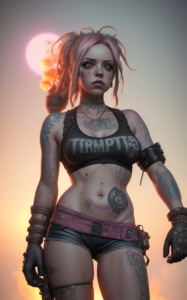 AI generated: Photo of a ultra realistic hippie trash punk steam bombshell,its moist, perfect anatomy, frantic lig...