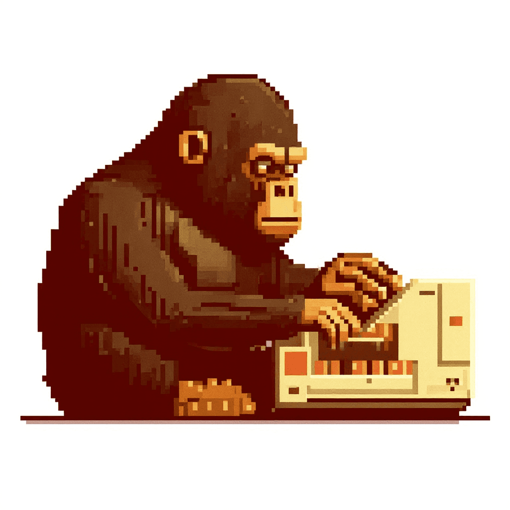 AI generated: one hand of the gorilla fully elevated as if it were typing on the keyboard while keeping everything...