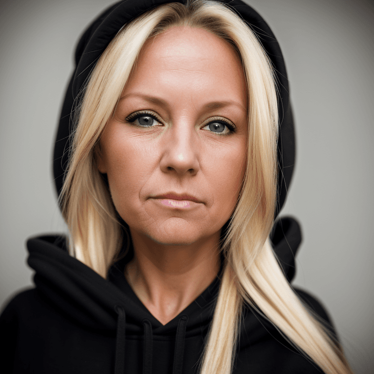 AI generated: hyper realistic headshot photo of a 45 year old woman, wearing a black hoodie, blonde long hair,  lo...