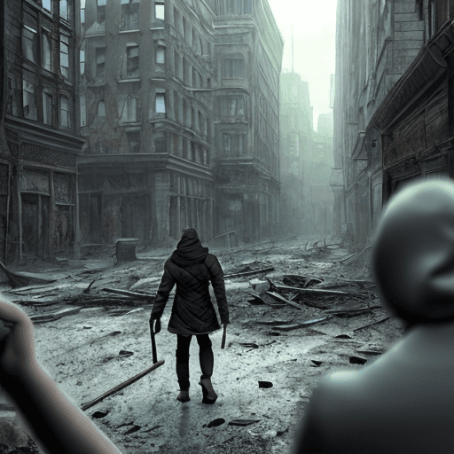 AI generated: Realistic image of Ruined post-apocalyptic city. Hooded person from the back.