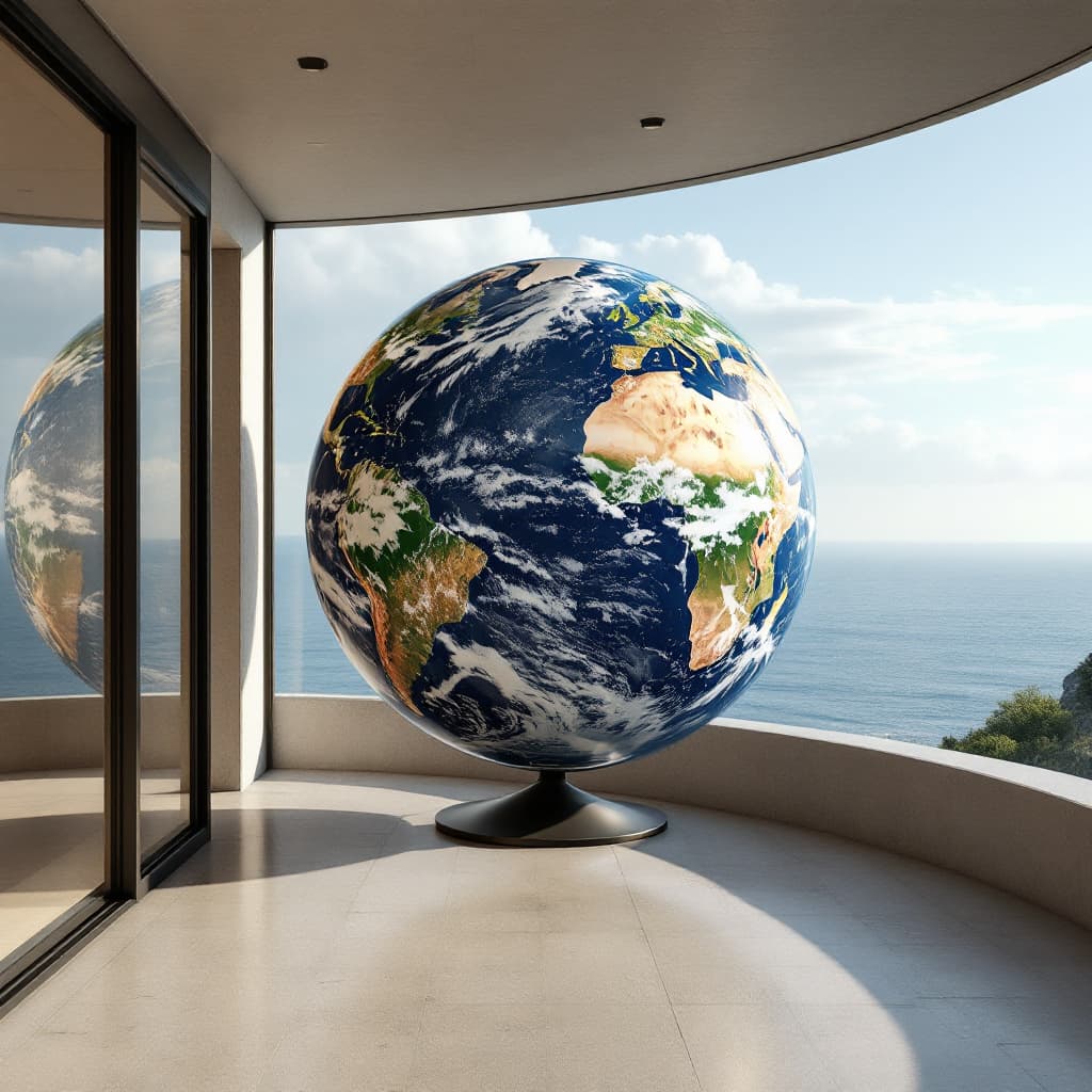 AI generated: Hyper realistic eye level exterior photo of a Earth Globe overlooking the ocean, daylight, indirect ...