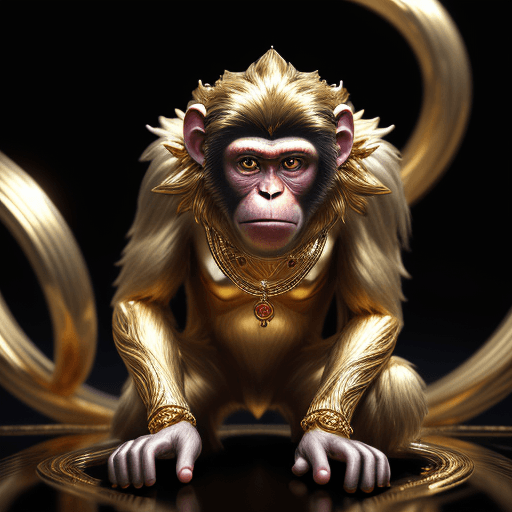 AI generated: create image of monkey, style gold monkey , god, rich, money, gold, daimond, silver, , black backgro...