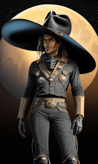AI generated: Award Winning Painting of a (Space Cowboy, Black Cowboy hat, Western Chaps, Belt, boots), Retro-Futu...