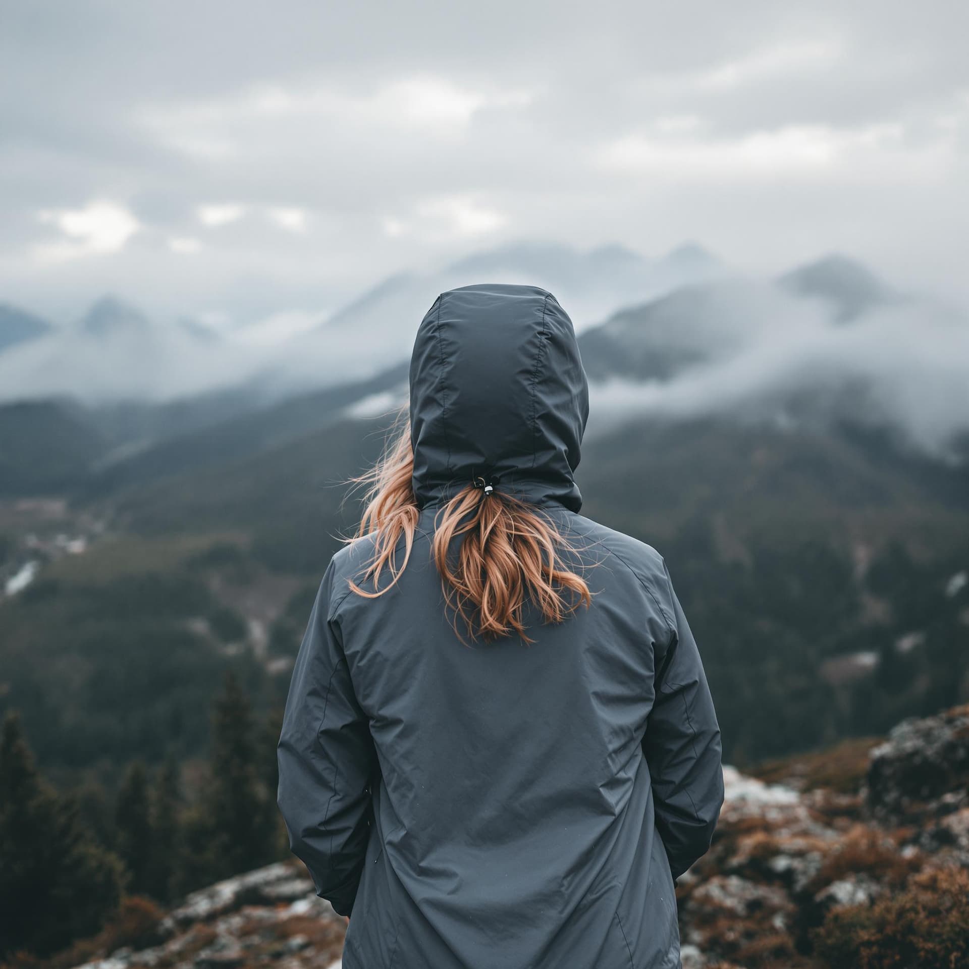 AI generated: realistic photograph of a woman standing on a moutain far away, at a distance, covered in waterproof...