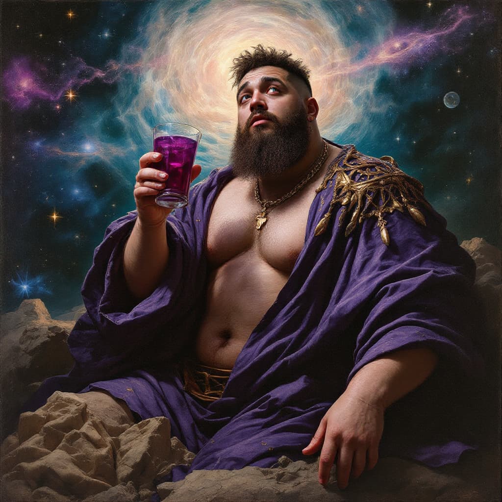 AI generated: Obese american rapper without a beard and with short hair, holding a purple drink, overseeing the un...
