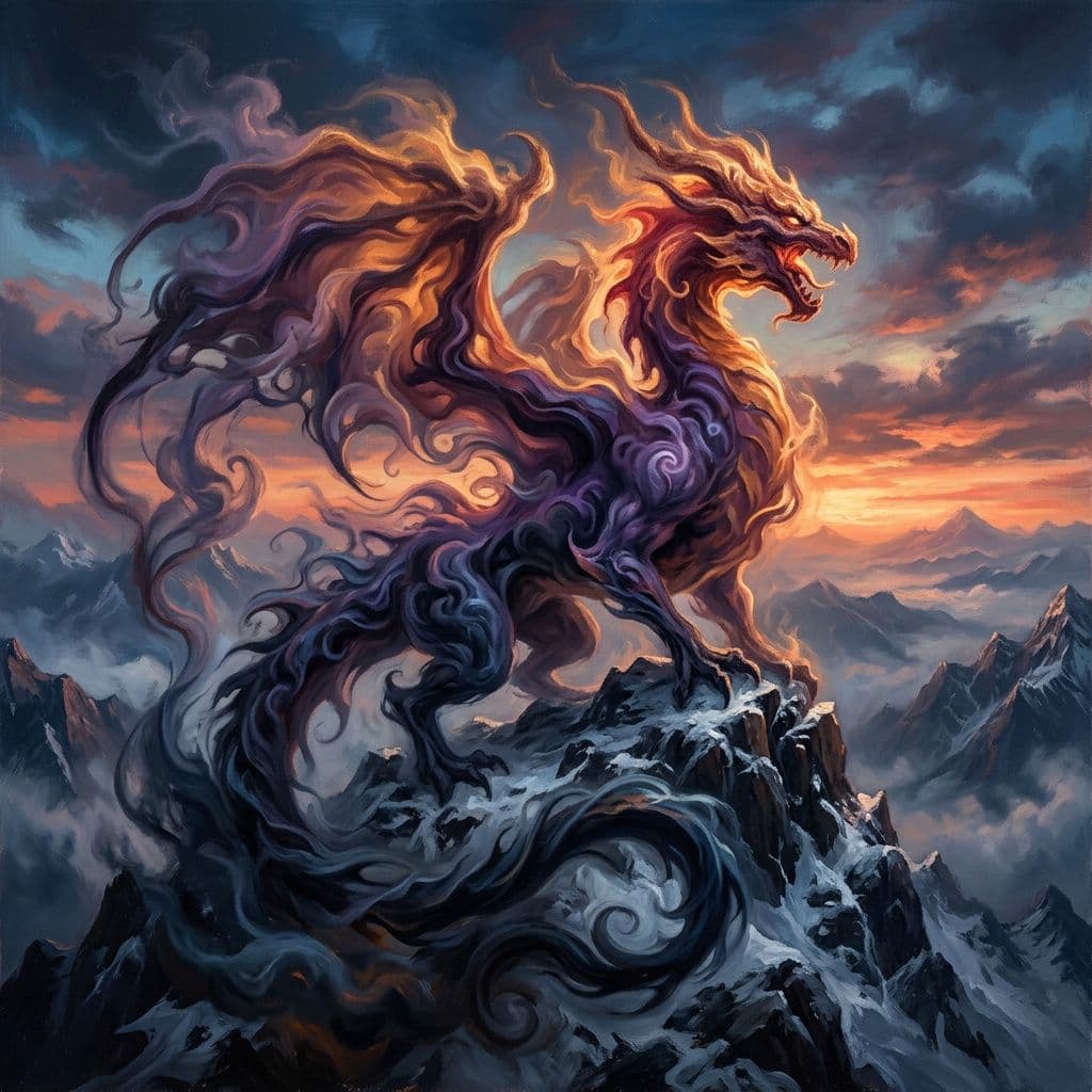 AI generated: Painterly ombre dragon  made of smoke on a mountain top