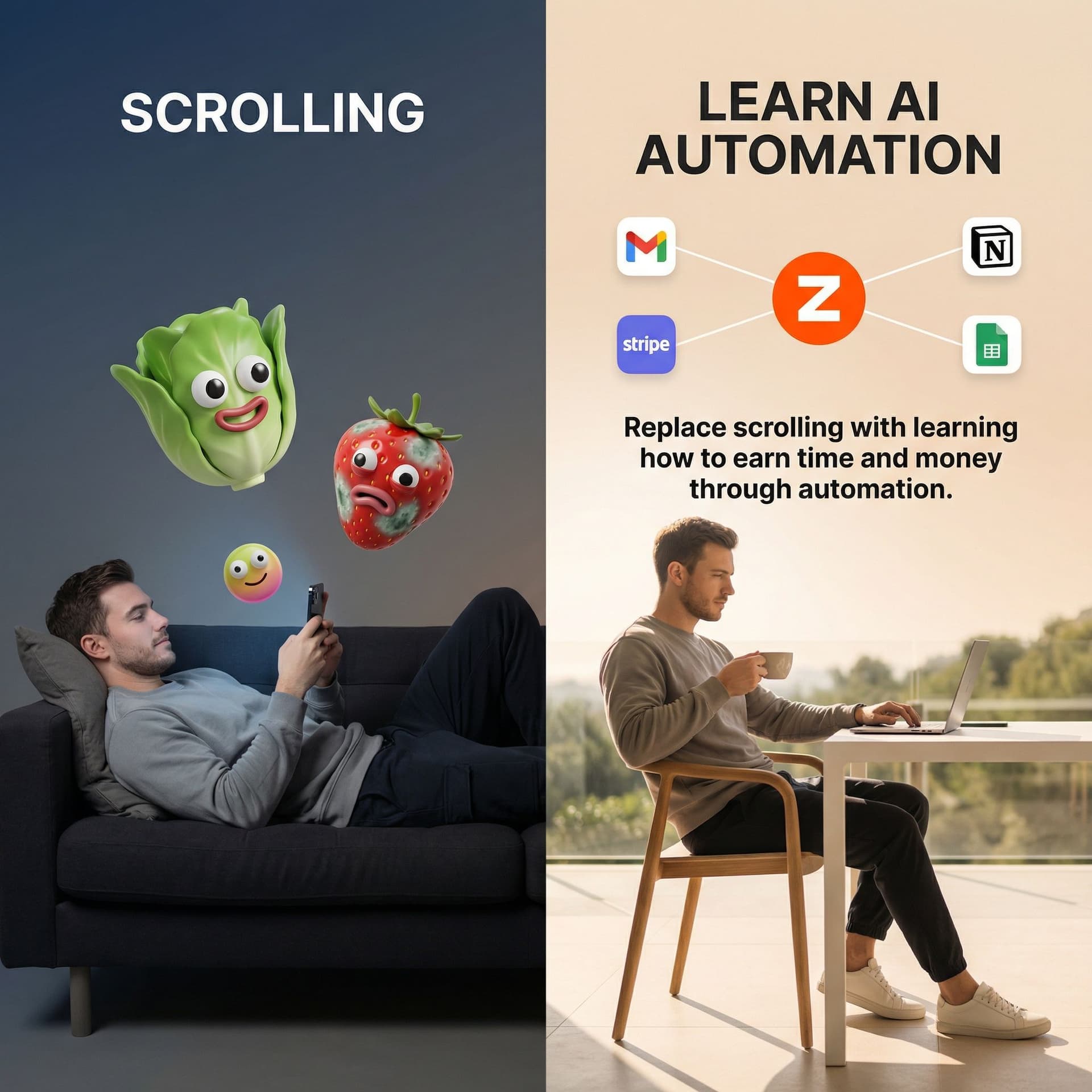 AI generated: Minimal split-screen advertising image with a clean, modern lifestyle aesthetic.
The image is vertic...