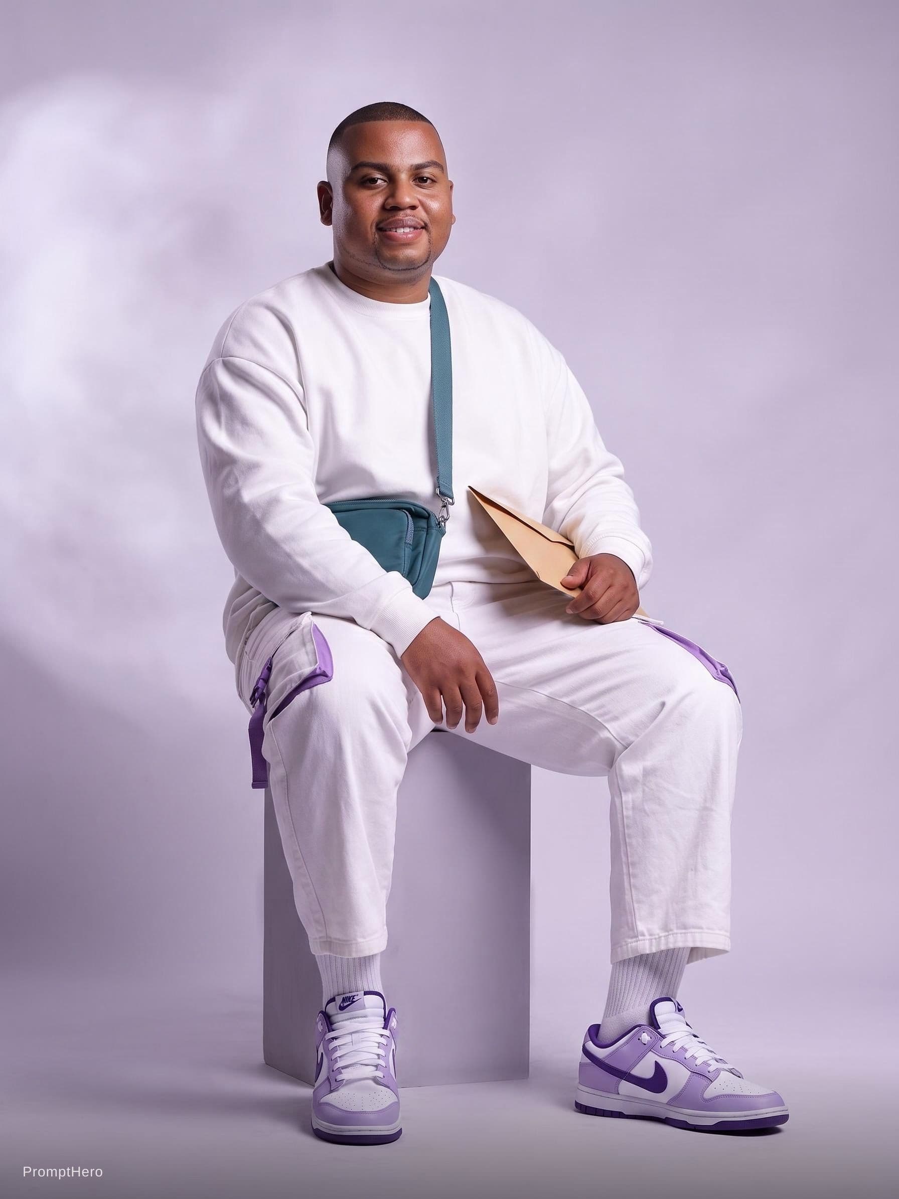 AI generated: Oversized white sweatshirt, white purple oversized combat jean, styled with footwear: white purple n...