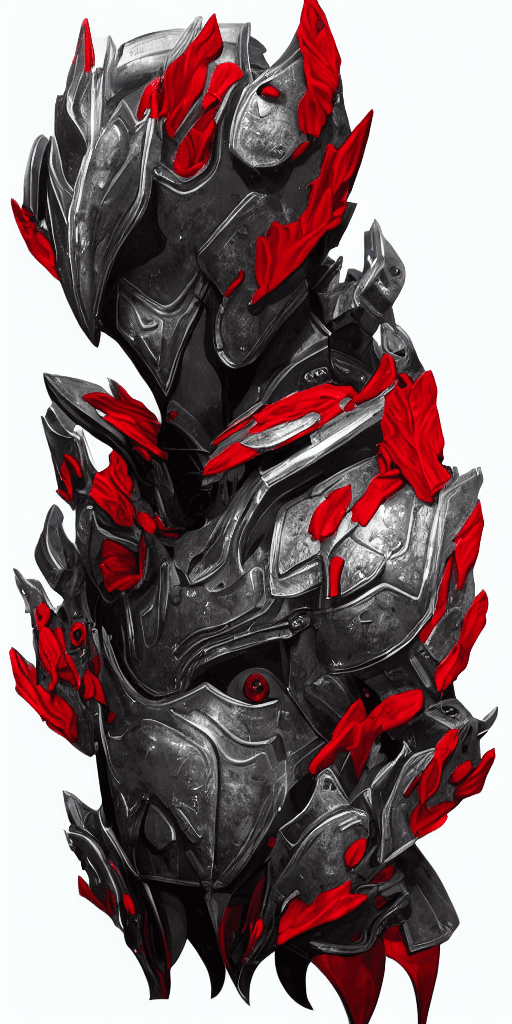 AI generated: full of gray metal armor on the white background, with a floral relief, in a black and red style, ce...