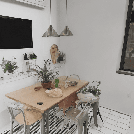 AI generated: a small kitchen with a black and white kitchen set, white marble floor, gray plaster walls, small ta...
