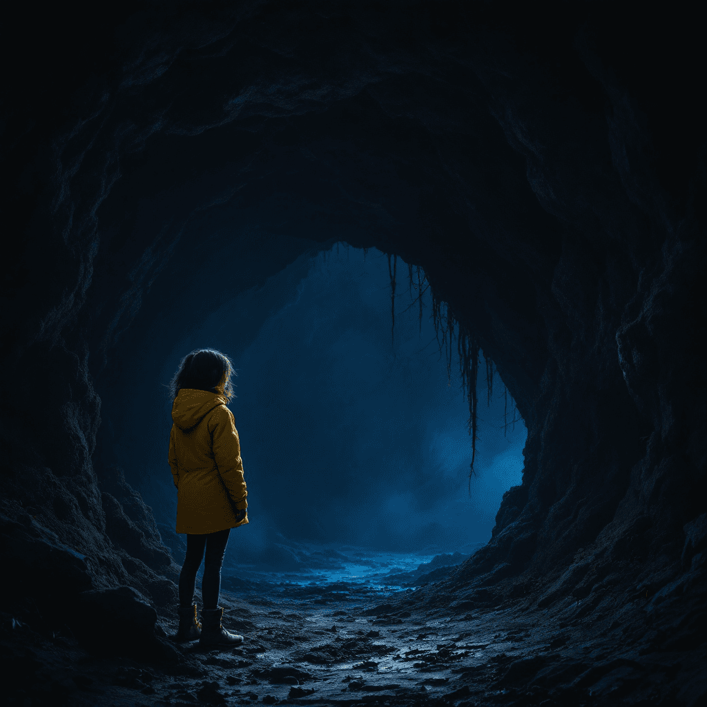 AI generated: A girl stands in the dark, in front of her cave but at a distance from it. She is wearing a yellow j...