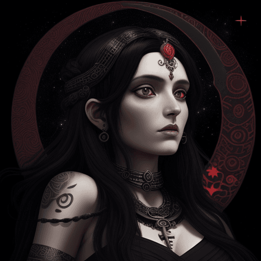 AI generated: gorgeous Godess Hecate, black and red hair, with her symbols (2 Dogs, Snake, Key), moon and stars in...