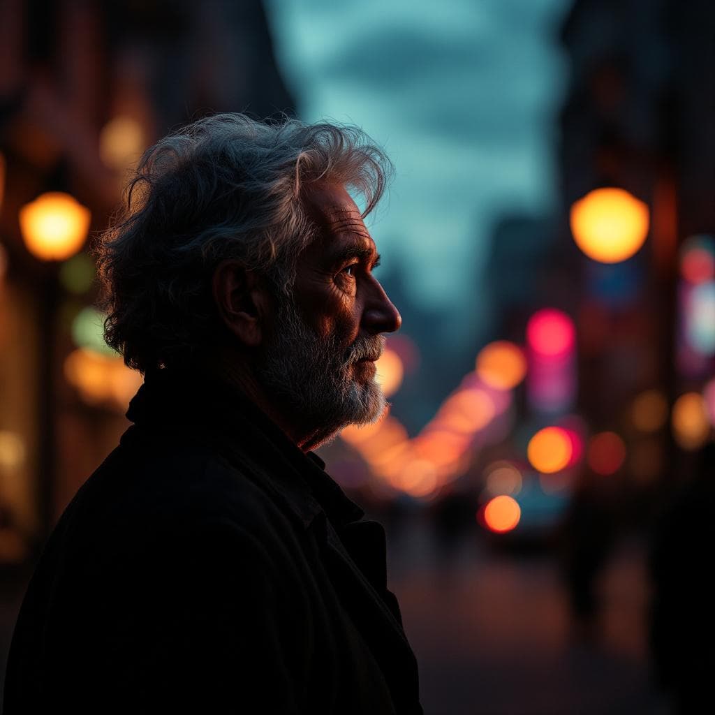 AI generated: Side view of silhouette gray-haired old man in street lights, volumetric lighting, cinematic angle, ...