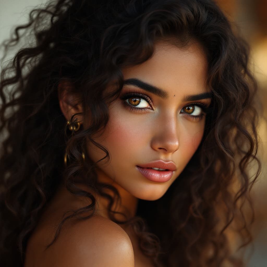 AI generated: Hyper realistic hot indian girl, big eyes, curly hair.