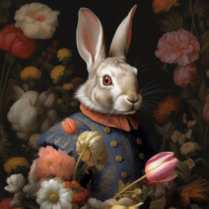 AI generated: A 3D character half rabbit half daisy detailed and Renaissance Art style, make a meadow background::...