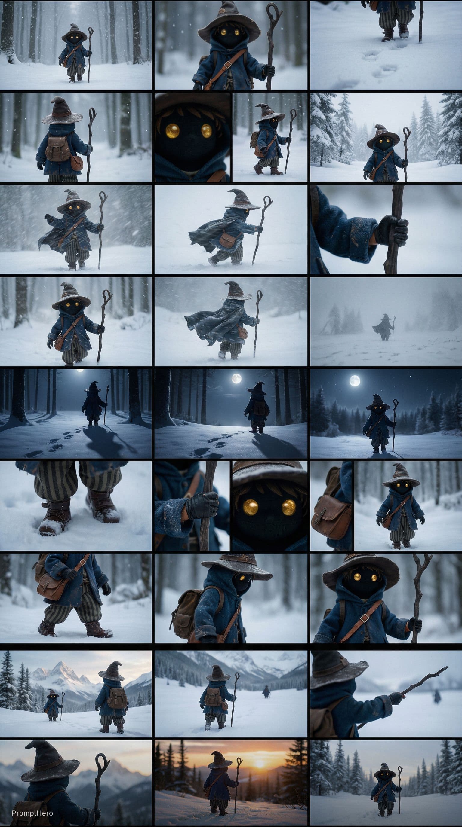 AI generated: 5 different 3x3 grid multi frame cinematic storyboard sheets of the exact same small hooded forest w...