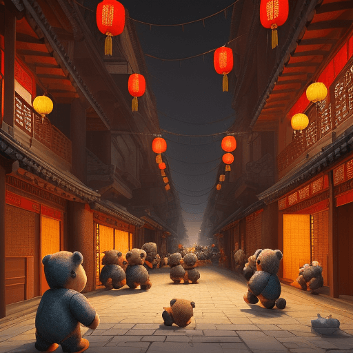 AI generated: A group of little teddy bears, 
3D painting,
The chinese ancient city, the rich street, the night wi...