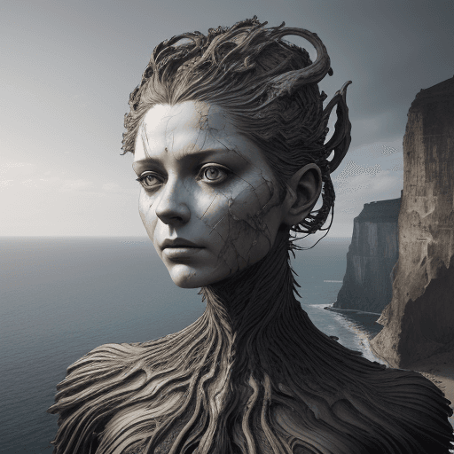 AI generated: art statue in cliffs, in the style of realistic hyper-detailed portraits, cryengine, detailed facial...