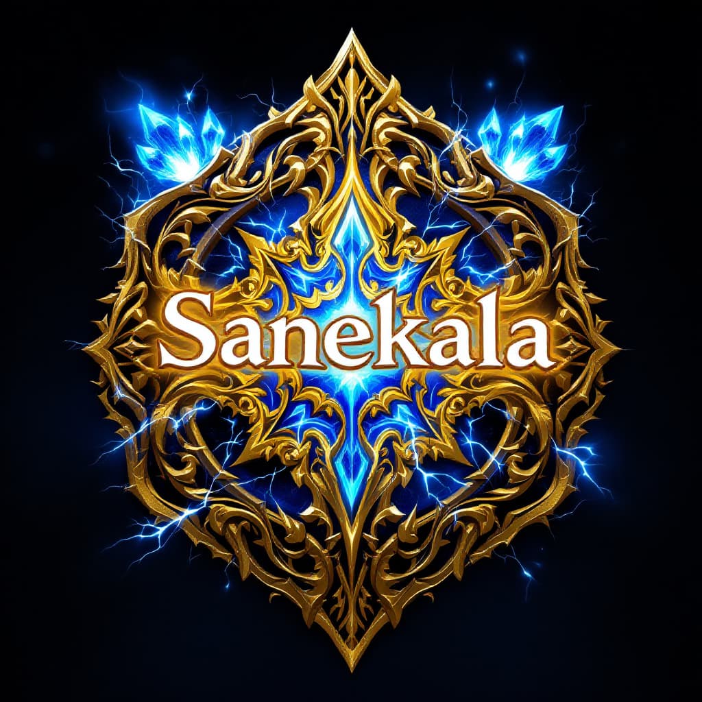 AI generated: Epic emblem design with the name 'Sanekala' in the center, surrounded by intricate gold carvings res...