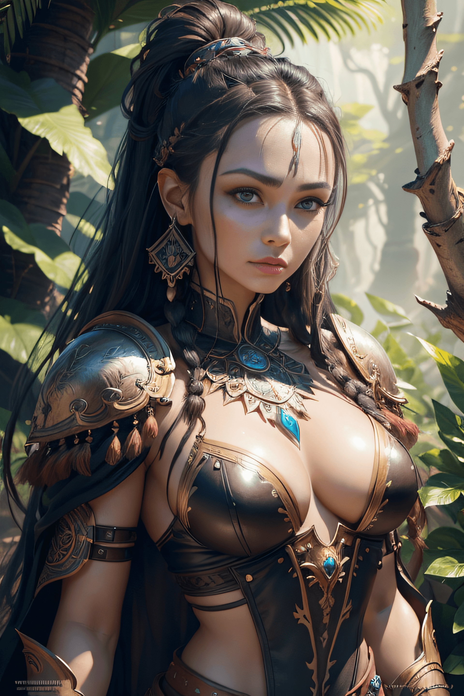 AI generated: fantasy shaman, beautiful hungarian|indonesian woman, with dreadlocks, wearing ornate intricately de...