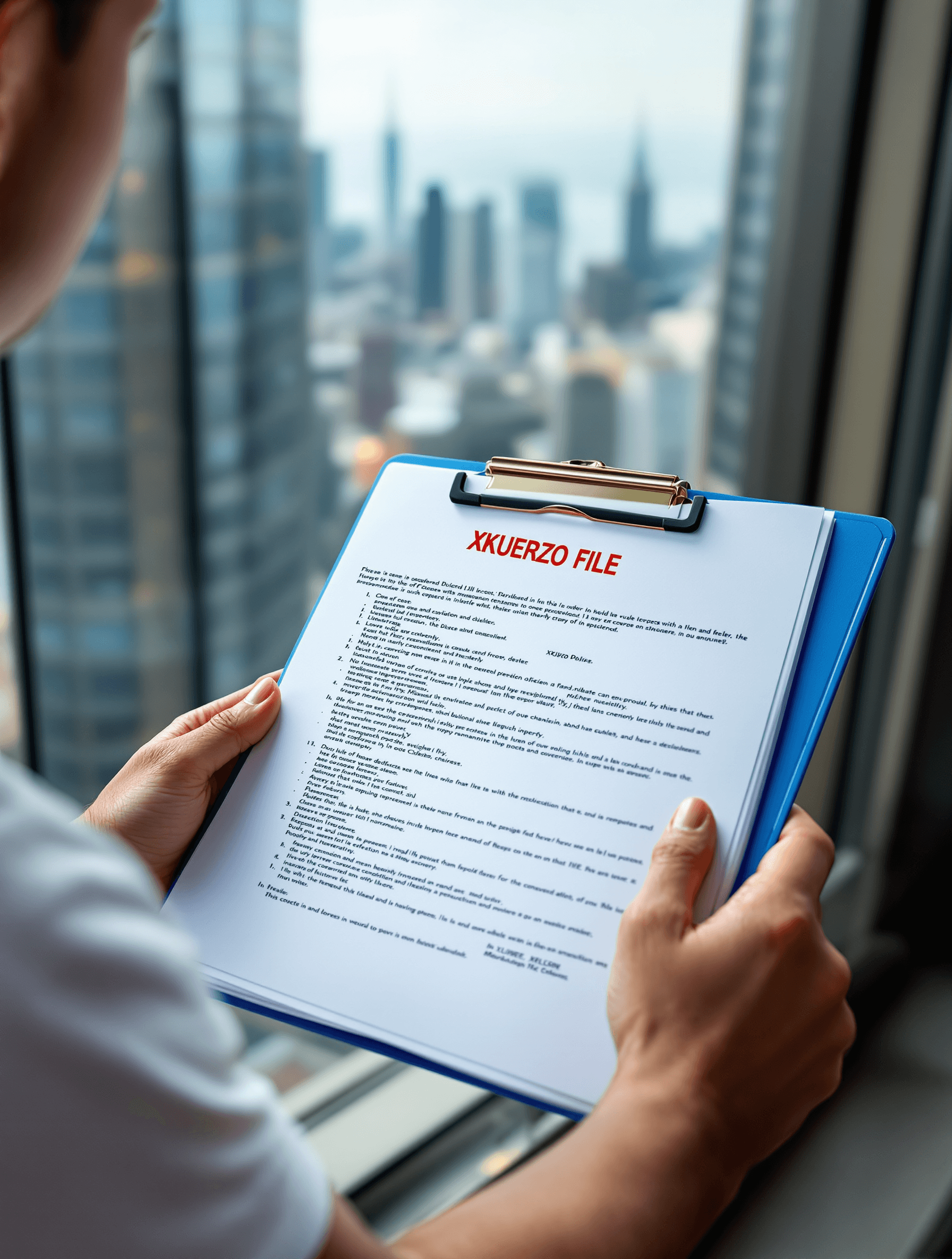 AI generated: Close up of A police file, attached to a blue clipboard, containing a detailed report with a red hea...