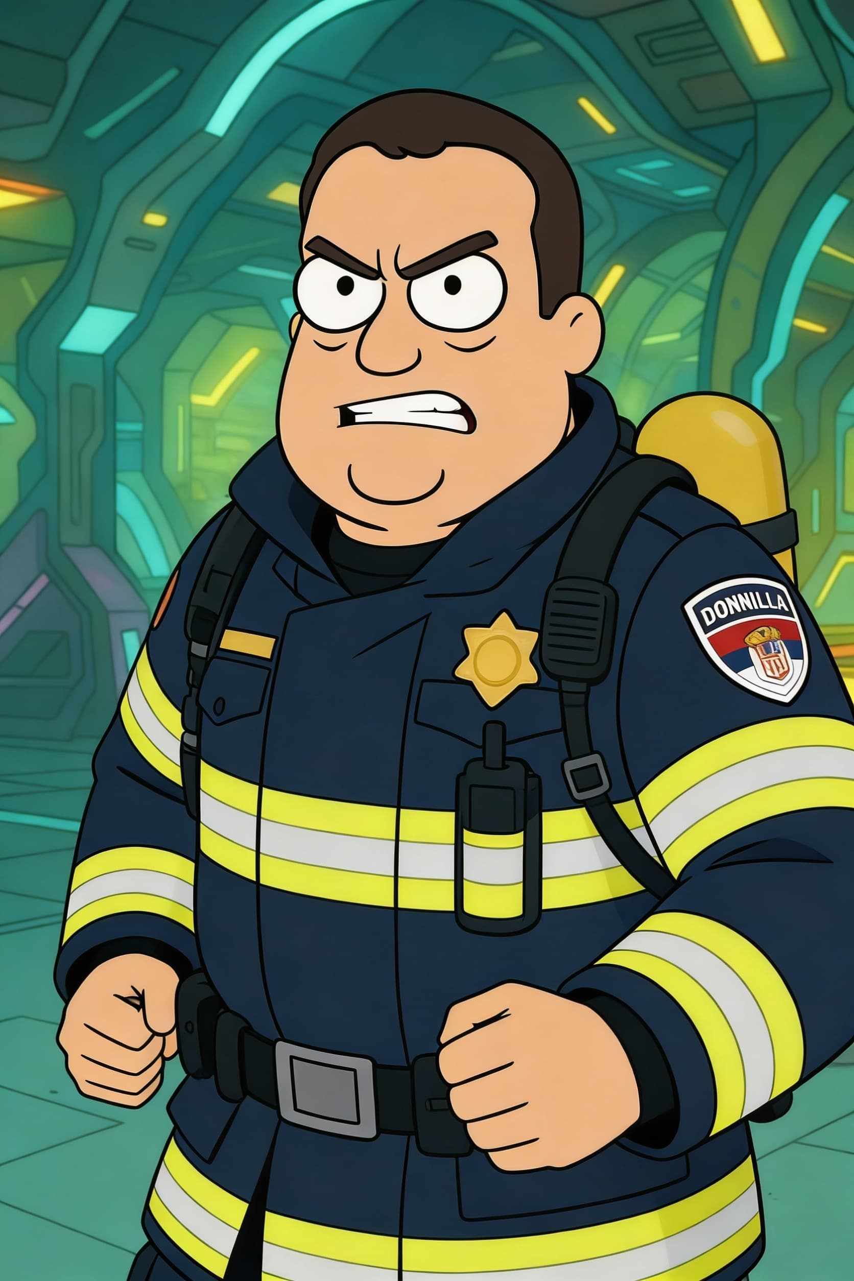 AI generated: create a fire department guy change face 