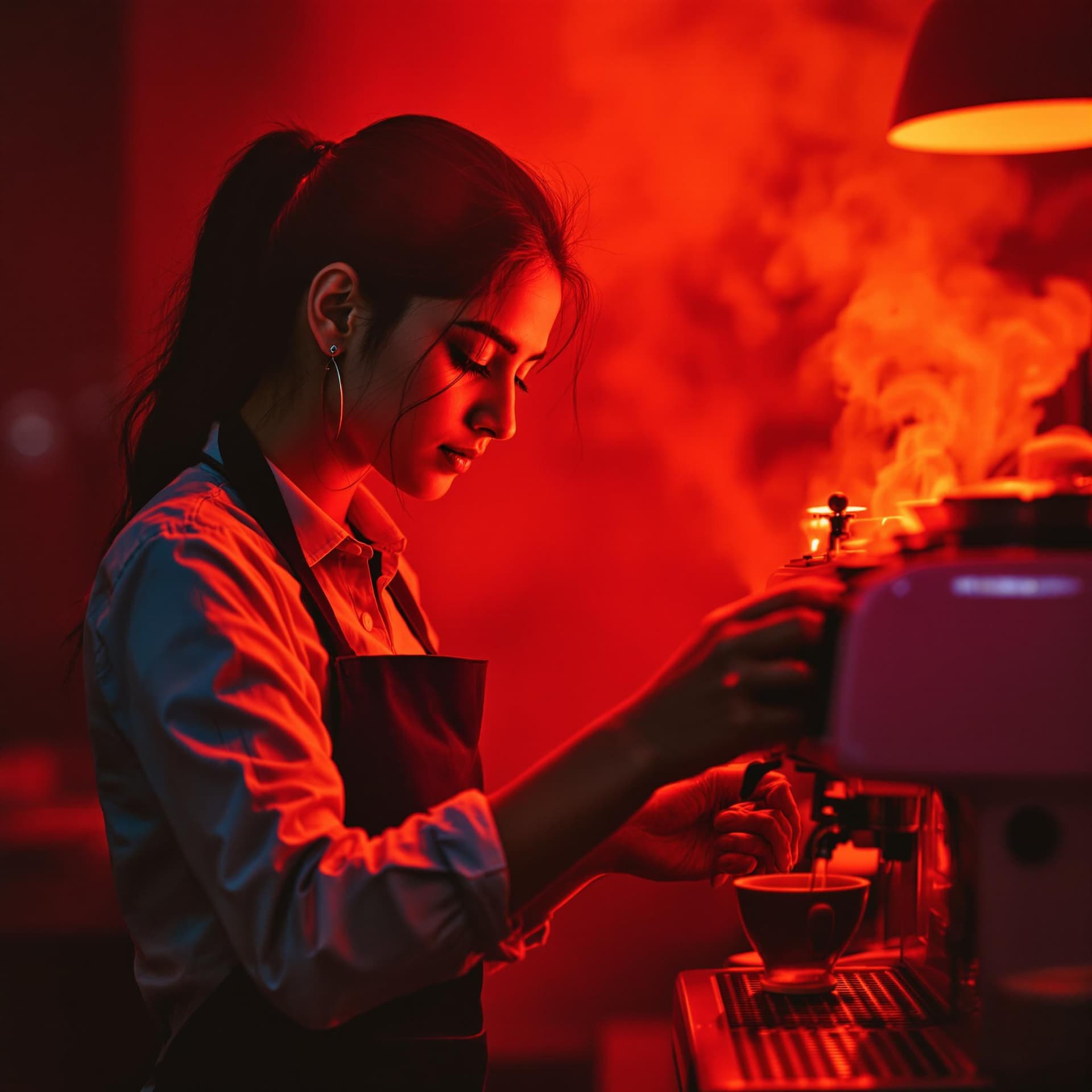 AI generated: The image presents a young Indian woman in a vibrant, atmospheric setting, presumably a coffee shop,...