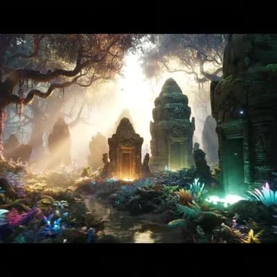 AI generated video: A vibrant, cinematic scene in a dense, enchanted forest where ancient, mystical monuments and statue...