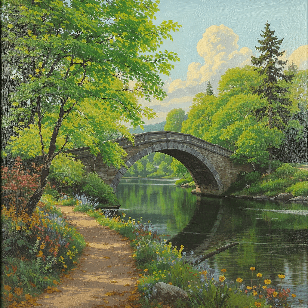 AI generated: Create a beautiful landscape that looks human made add brush strokes, whatever you can to give it th...