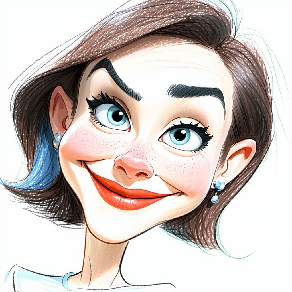 AI generated: Caricatures pencil drawing, cute woman, mid-20's, color pencils, in the style of Pixar, hilariously ...