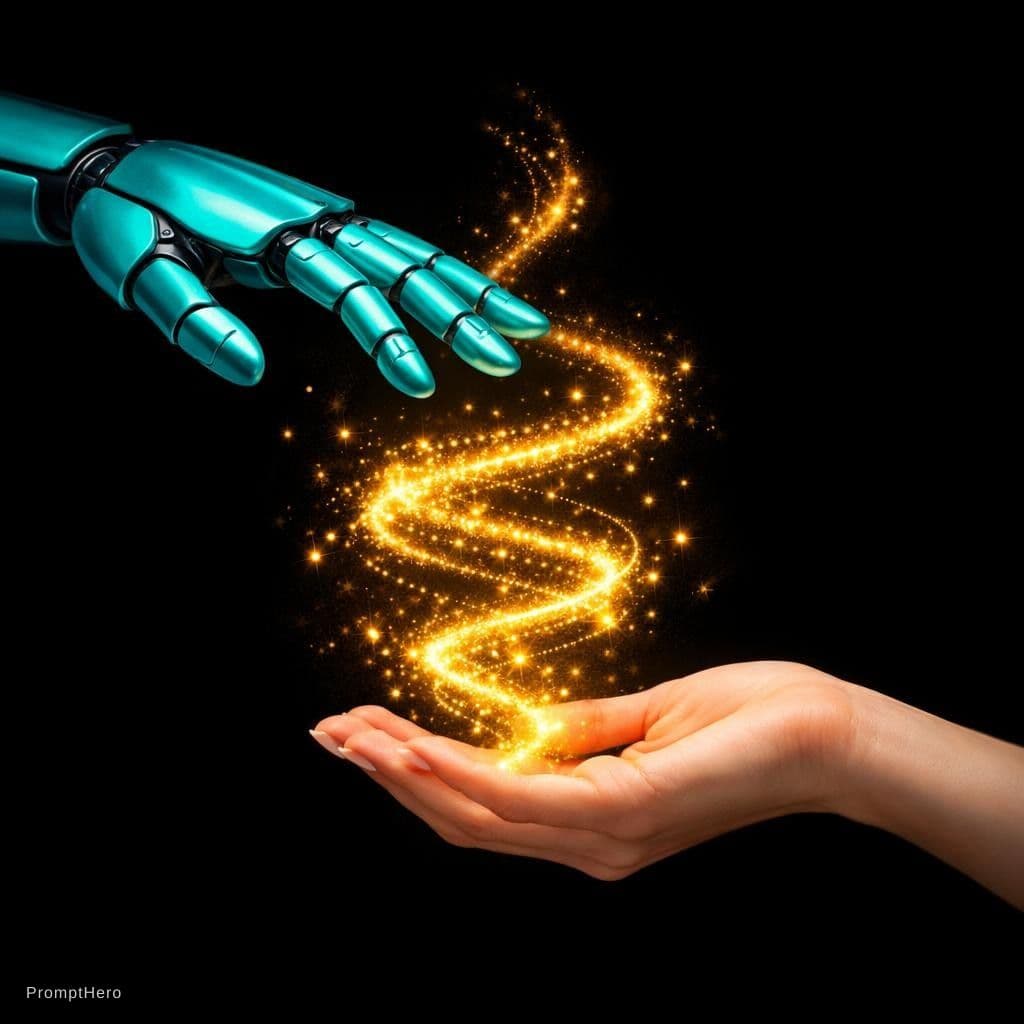 AI generated: 2 Hands. Hand 1: Robot hand, colour turquois metal, relaxed open palm downward. Hand 2: Human, femal...