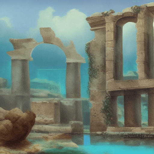 AI generated: Painted scene of an underwater ancien cvilisation ruins