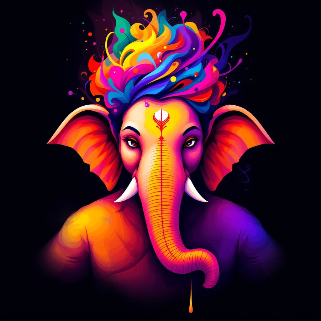 AI generated: digital art, portrait Lord Ganesha flat color, straight-on, focus on the upper body, whirl of abstra...