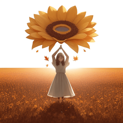 AI generated: A girl holding a huge flower, micro art, girl standing in the autumn field basking in the sun, autum...