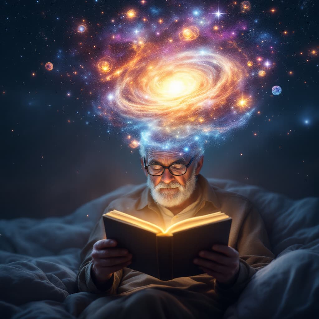 AI generated: Elderly person reading a glowing book as galaxies form above their head, 3D surreal cosmic visuals w...