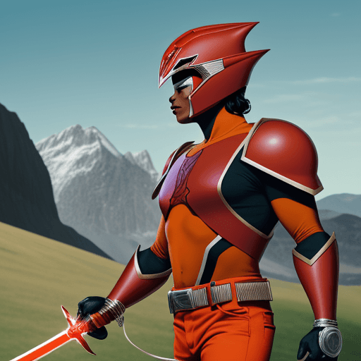 AI generated: the brown skin MICHAEL JACKSON as the red power ranger holding an orange sword standing by the mount...