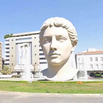 AI generated video: Make the head in the centre of the square rotate and give movement to the people in the left side of...